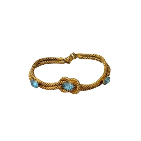 Vintage Two Strand Wheat Chain  Bracelet with Blue Stones - Picture 1 of 5